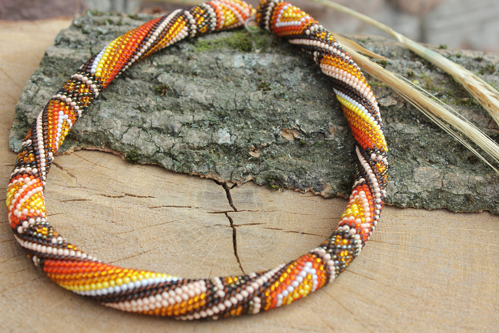 Fall patchwork necklace handmade jewelry, Burnt orange brown beige choker Tribal ethnic beadwork unisex jewelry, beaded choker rope necklace