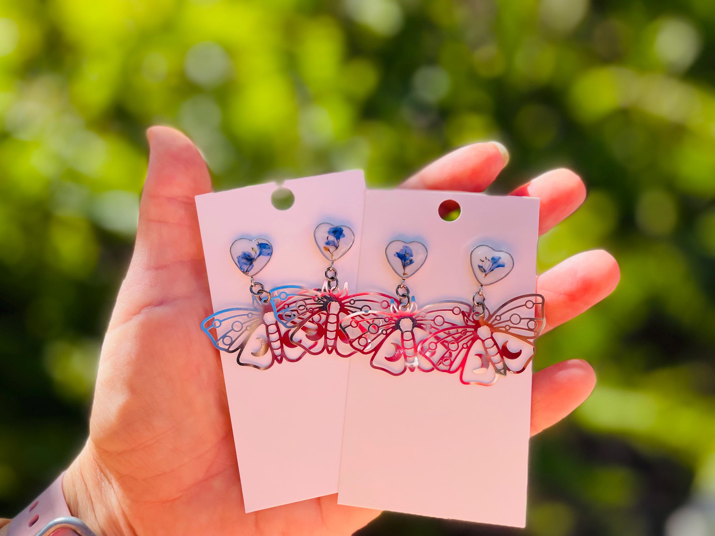 Silver Butterfly Earrings, Filigree Luna Moth Dangles: Blue Flower Resin Insect Jewelry