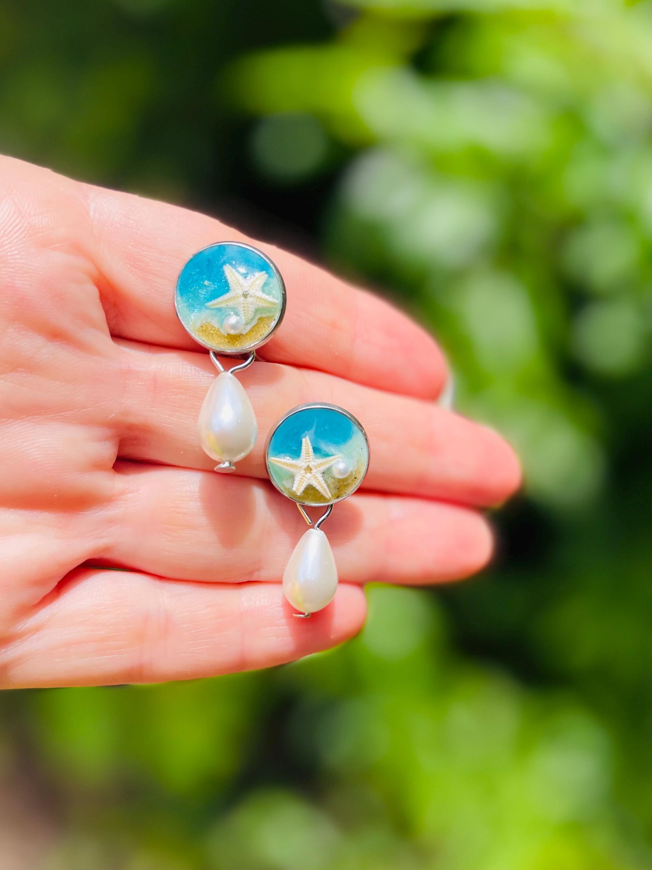 Real Starfish Resin Dangle Earrings: Seashell & Pearl, Ocean Theme