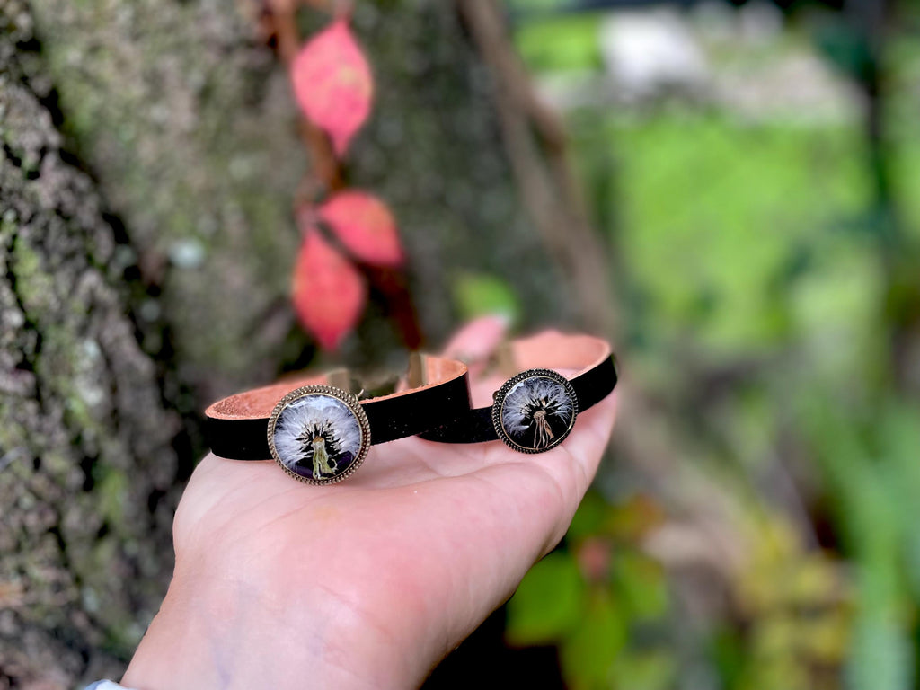 Black Leather Dandelion Bracelet Adjustable: Unisex Nature Inspired Pressed Flower Bronze Anniversary Jewelry
