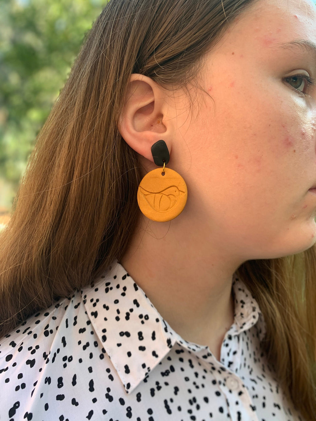 Gold and black bird earrings, Handmade Polymer Clay Earrings, Statement Dangle Earrings, Mothers Day gift, big clip on earrings hoops