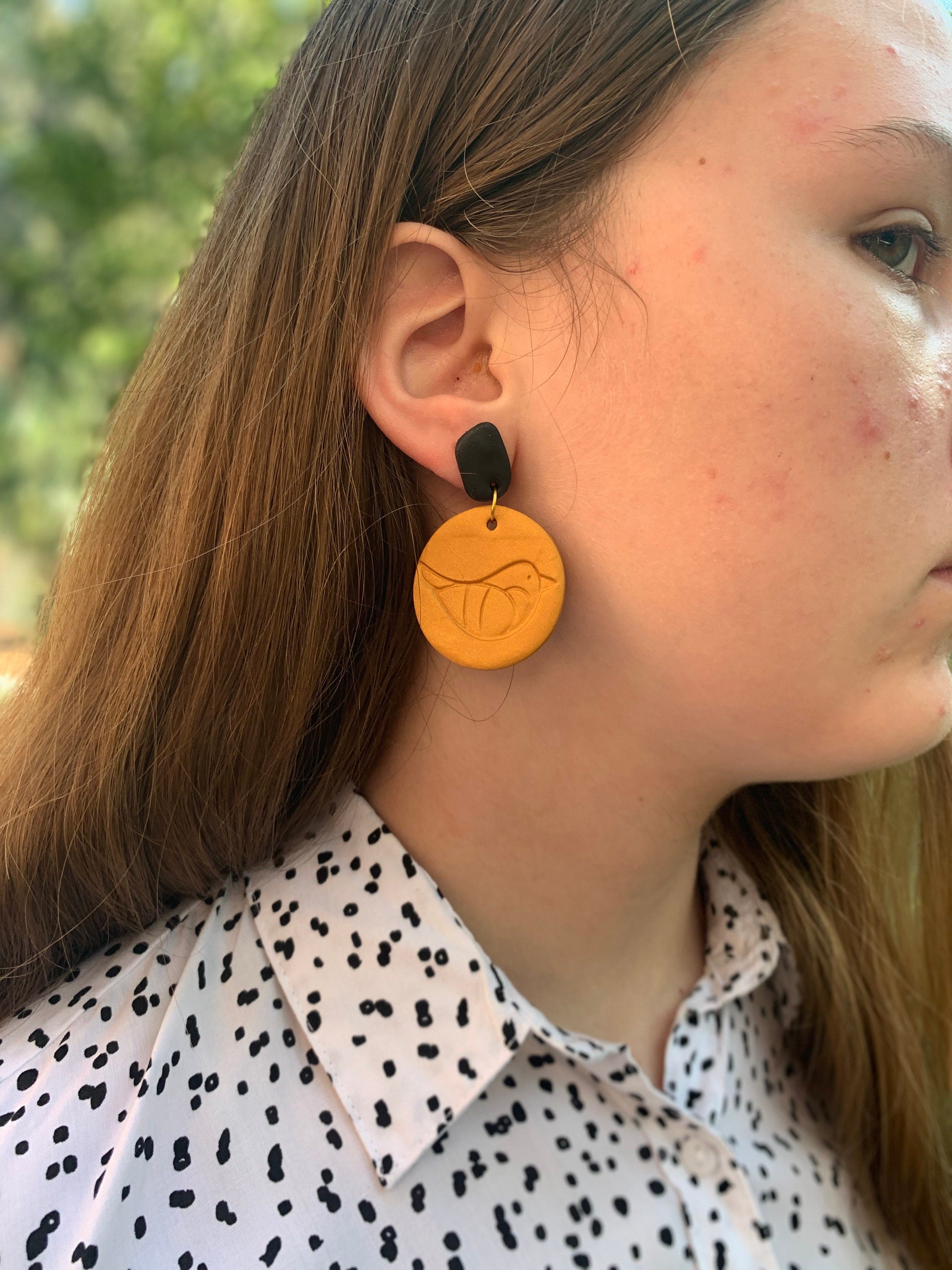 Gold and black bird earrings, Handmade Polymer Clay Earrings, Statement Dangle Earrings, Mothers Day gift, big clip on earrings hoops