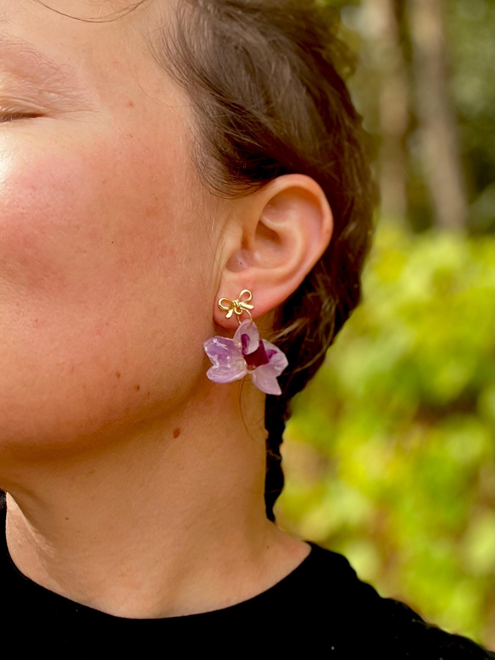 Real Orchid Earrings: Gold Hoop Earrings Resin, Unique White Wedding Bridal Jewelry