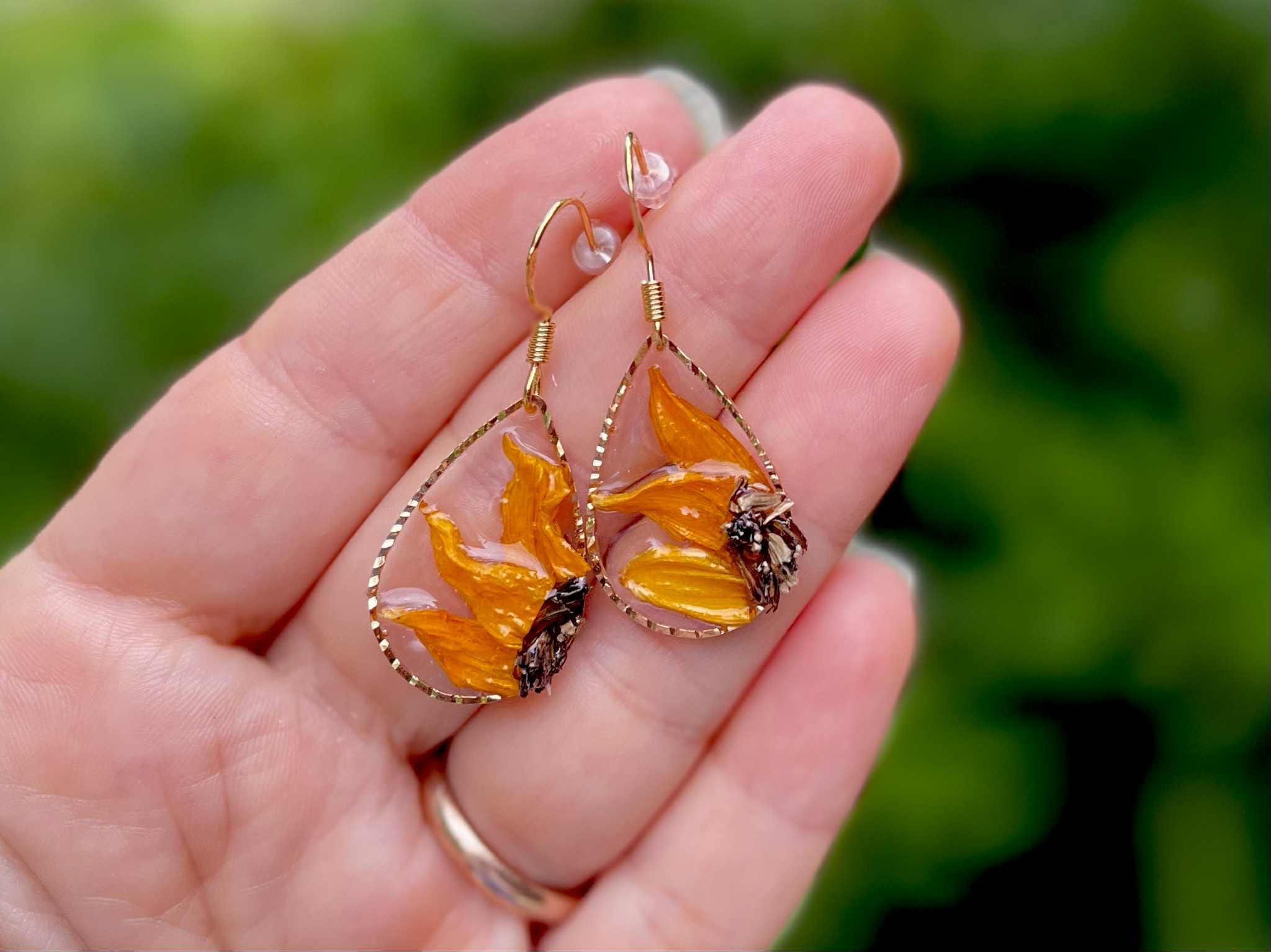 Sunflower Earrings: Real Flower Resin Dangle Drops, August Birth Month