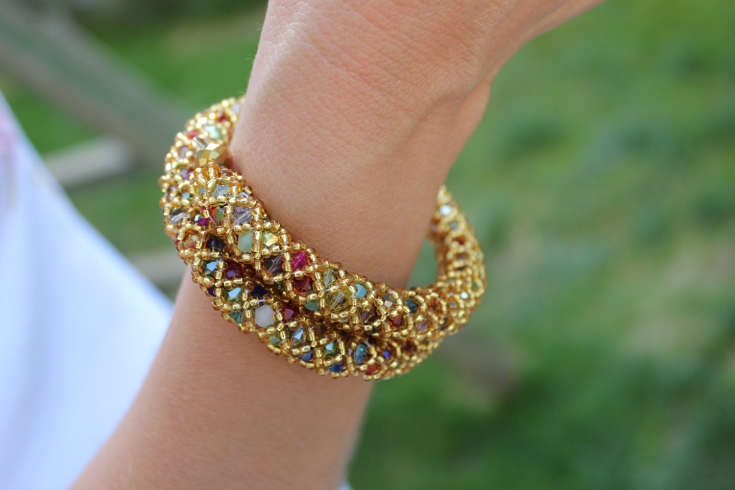Bracelet. Mothers day gift for wife girlfriend. Gold beaded bracelet with rainbow crystals, handmade jewelry multicolored statement jewelry