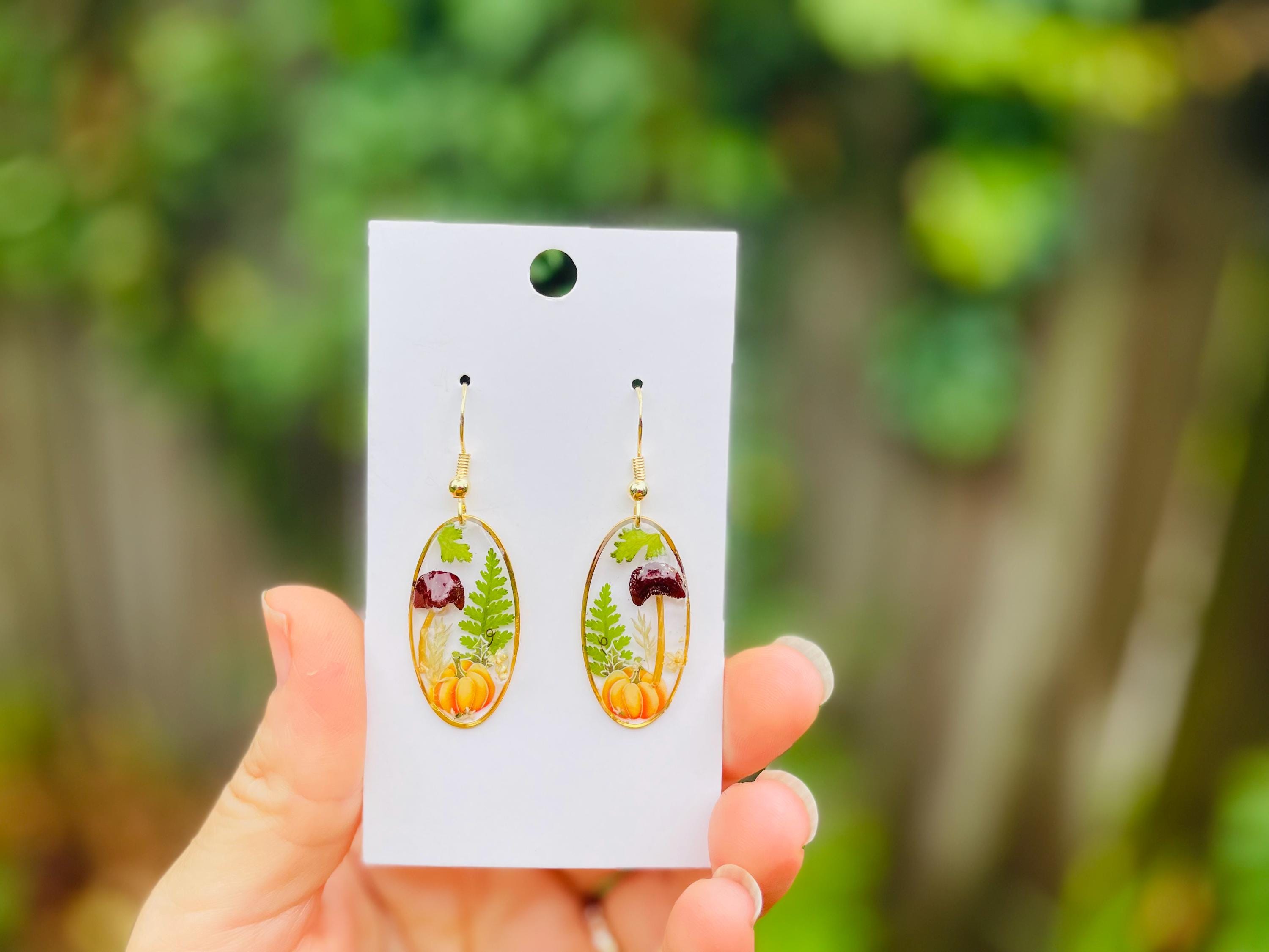 14K Gold Resin Dangle Earrings: Real Mushroom, Pumpkin, Fern & Flowers