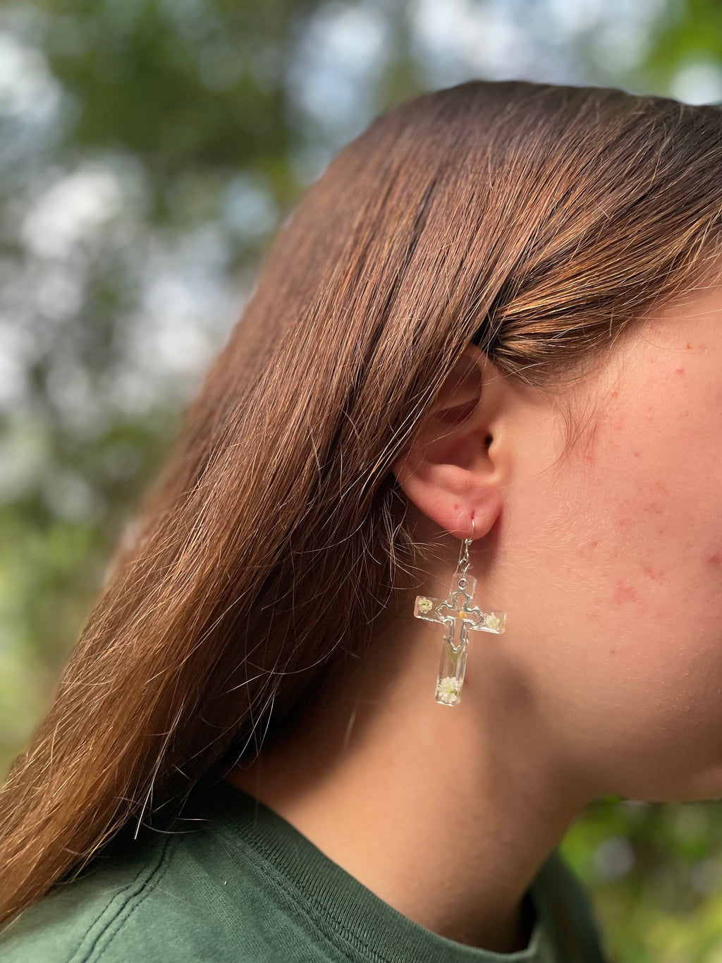 Resin Cross Earrings: Silver, Mustard Seed, Baby's Breath, Birthstone