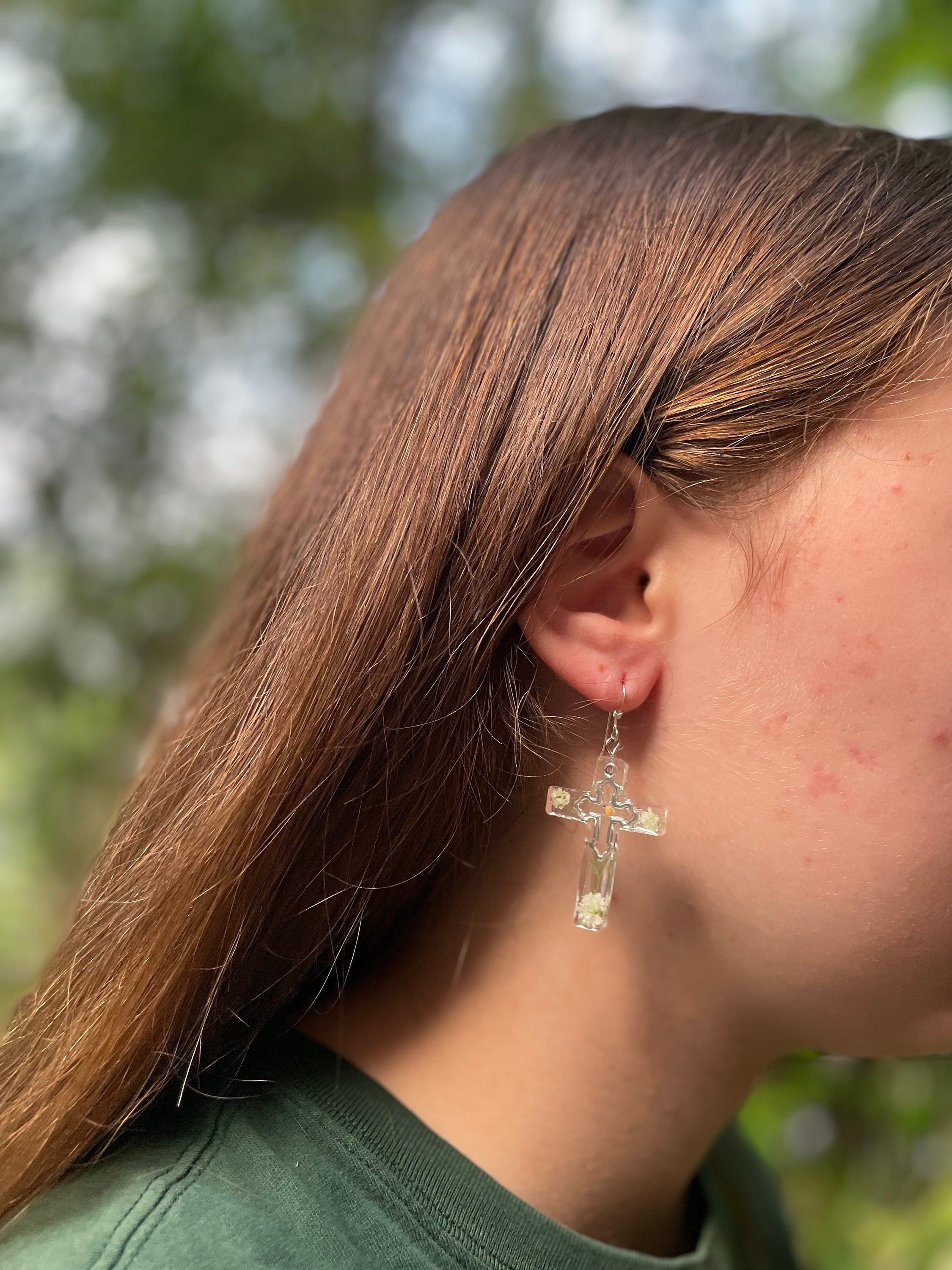 Resin Cross Earrings: Silver, Mustard Seed, Baby's Breath, Birthstone