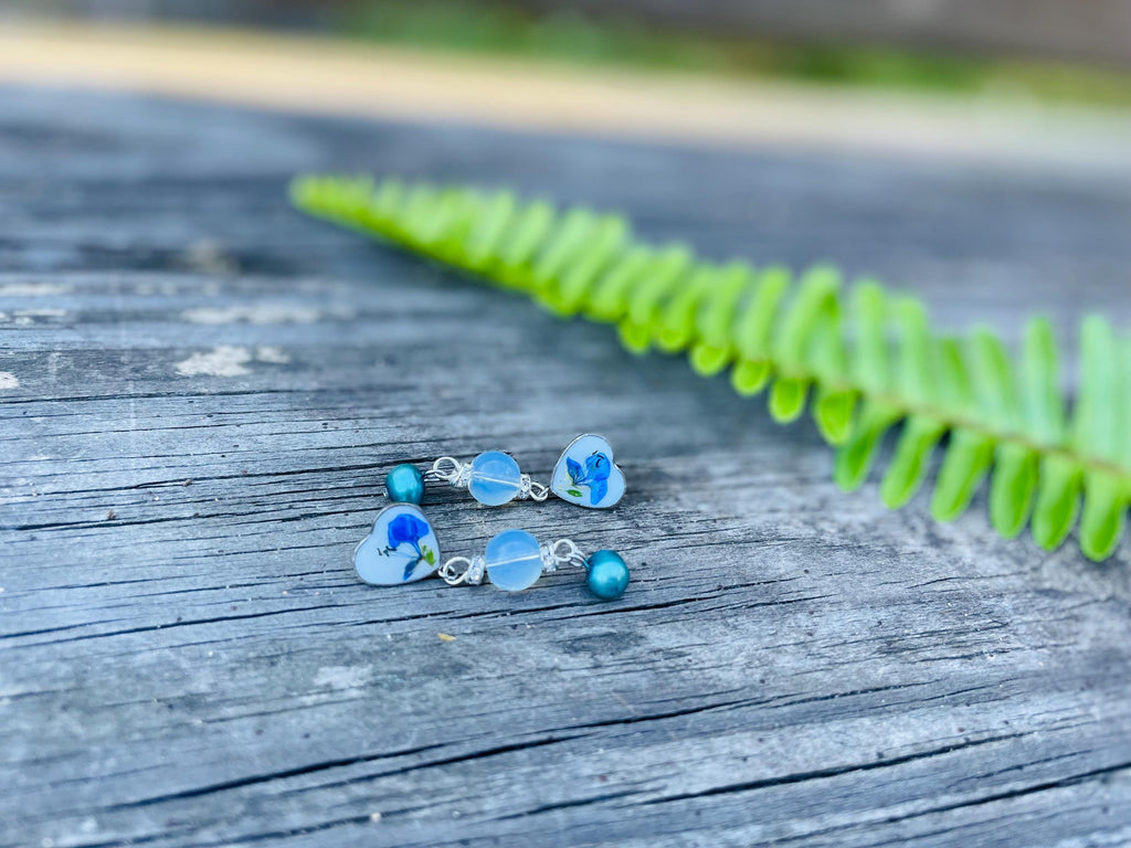 Patina Blue Pearl Floral Earrings: Pressed Flower Resin Jewelry Opal