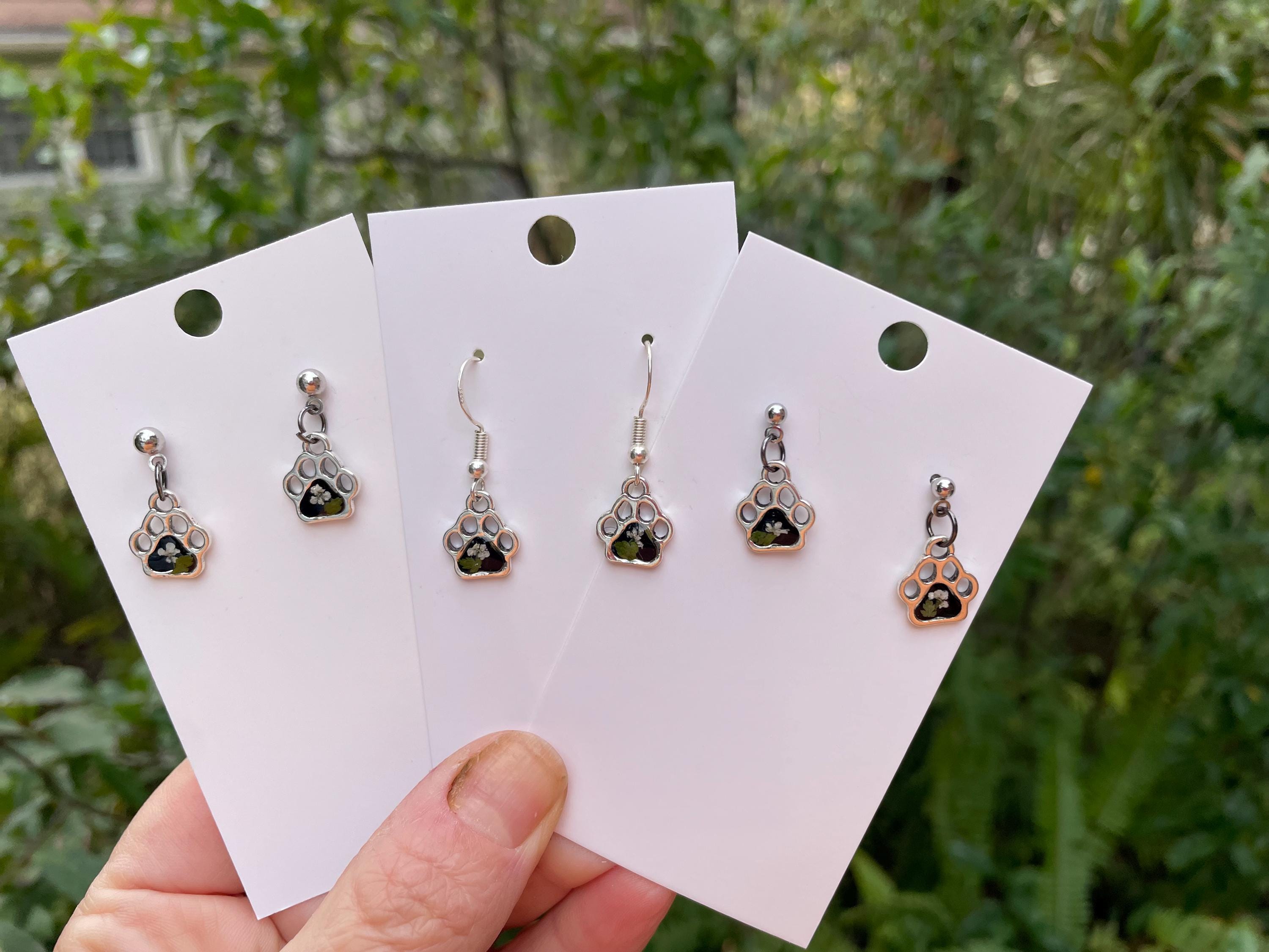 Tiny Paw Print Post Earrings: Birthstone Personalized Silver Pet Jewelry with Real Pressed Flowers