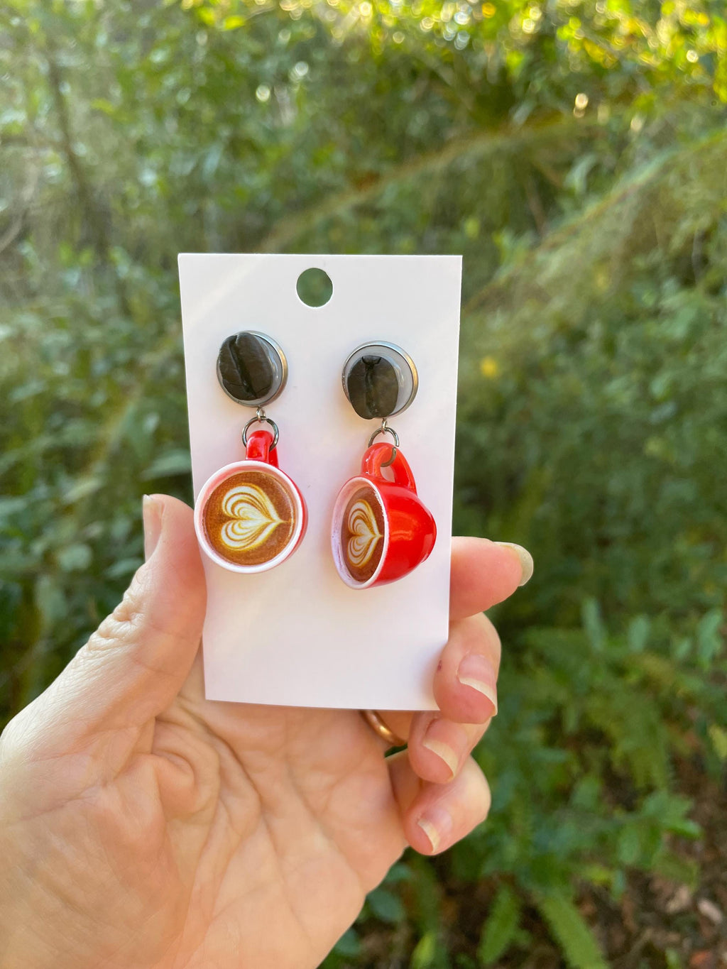 Handmade Real Coffee Bean Latte Cup Earrings: Whimsical Resin Food Jewelry