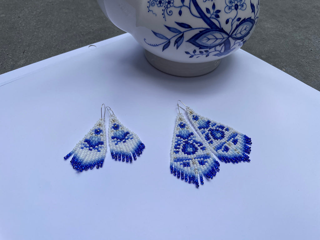 Chinoiserie Seed Bead Earrings: White & Blue Toile, Sterling Silver