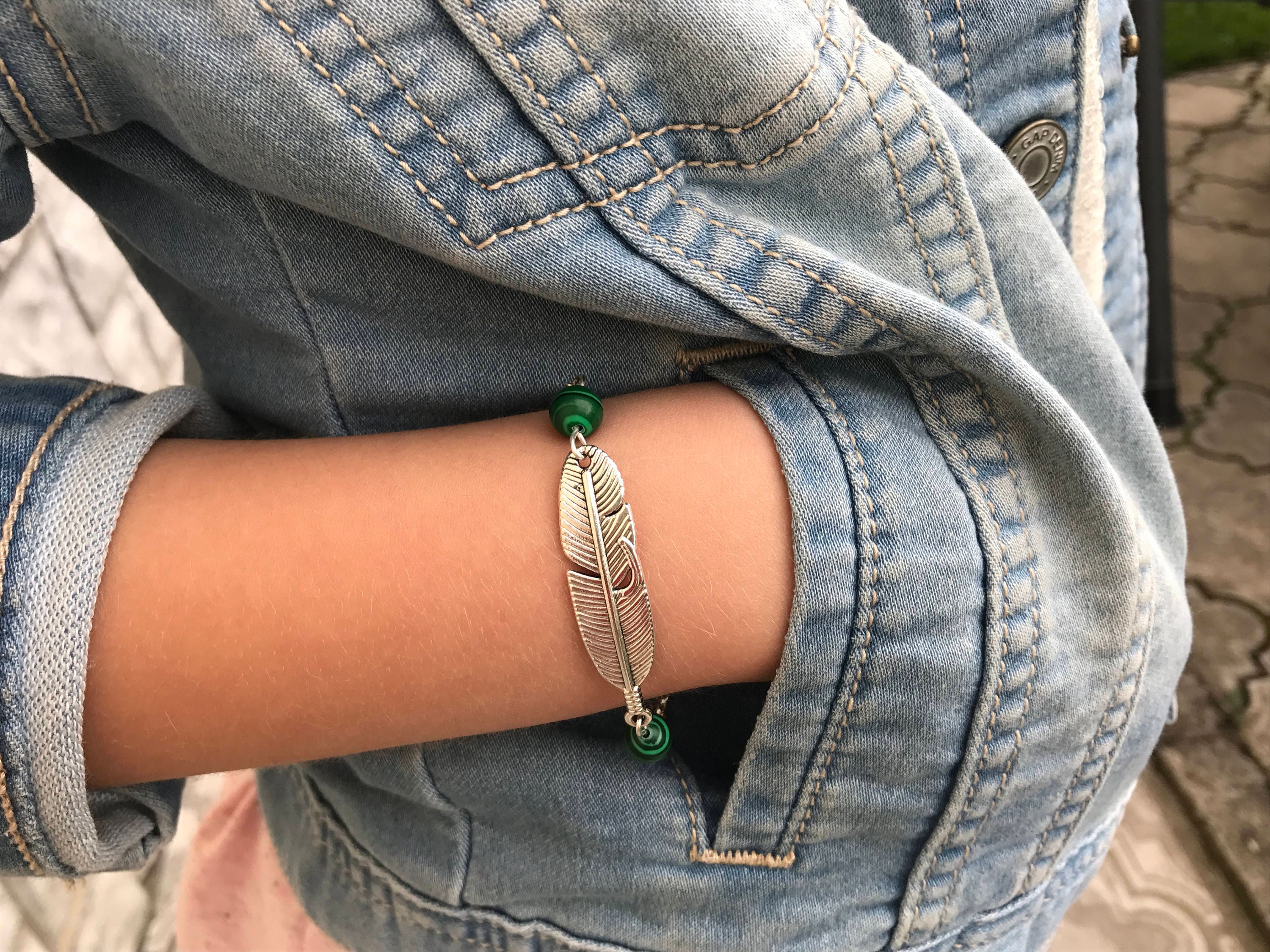 Personalized birthstone feather bracelet Silver Malachite bracelet for her for men friendship bracelet, matching couple bracelets minimalist