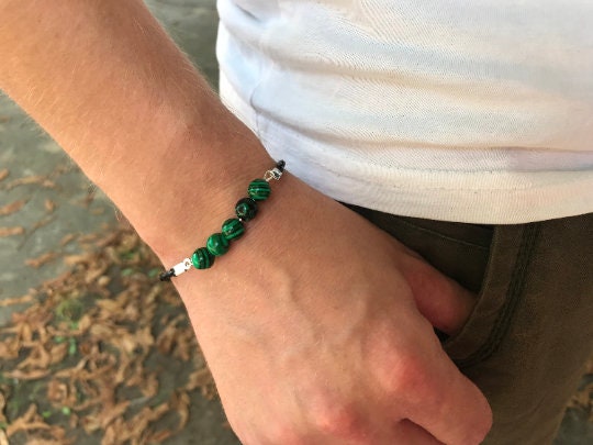 Mens Bracelet, Green malachite 8 mm bead Simple Leather Mens Bracelet, personalized custom gemstone bracelet homme, Anniversary Gift for Him