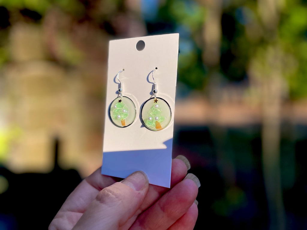 Sea Glass Christmas Tree Earrings: Resin Pearl Mosaic, Silver Tone