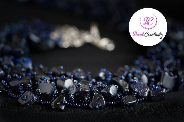 Sparkle Dark Blue Goldstone Raw Crystal Necklace Collar Choker Multistrand Beaded necklace Gothic Wedding Necklace Jewelry Gift for Her Prom