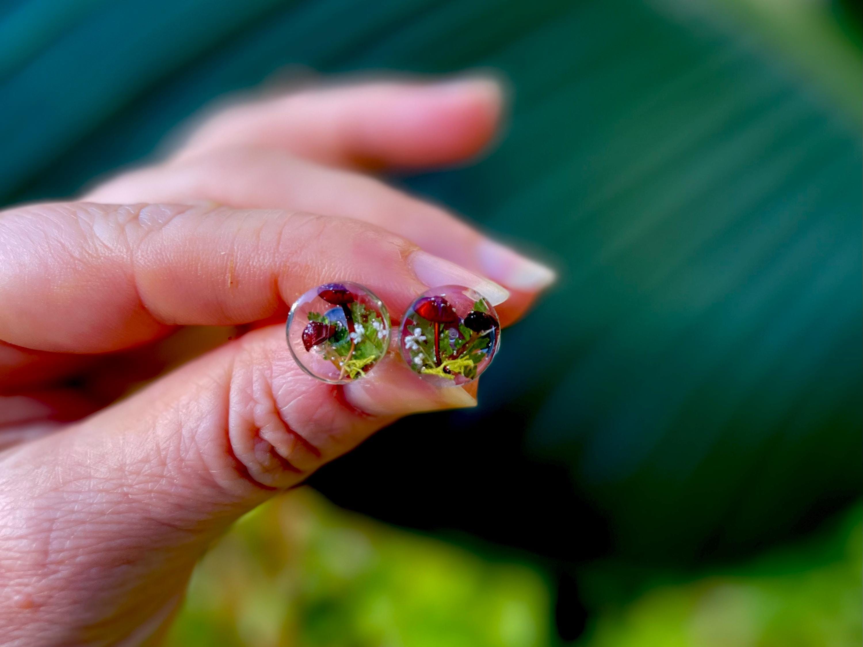 Men's Unique Stud Earrings: Hypoallergenic Real Mushroom Fern with Birthstone, Nature-Inspired Valentines gift