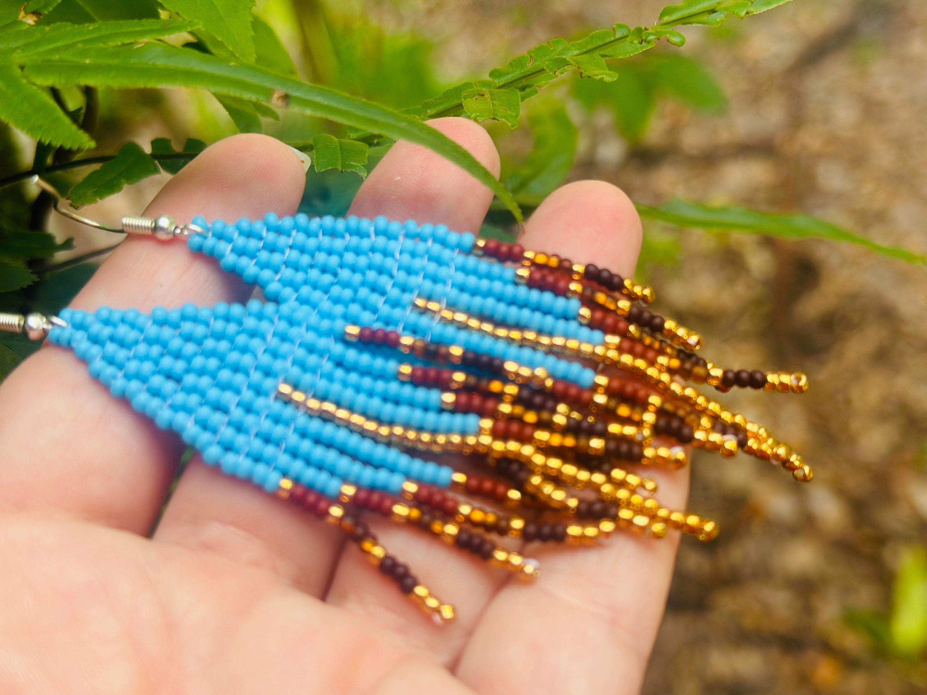 Turquoise and rust earrings handmade, blue boho earrings Fringe beadwork earrings unique holiday gift for her Seed bead dangle earring Long