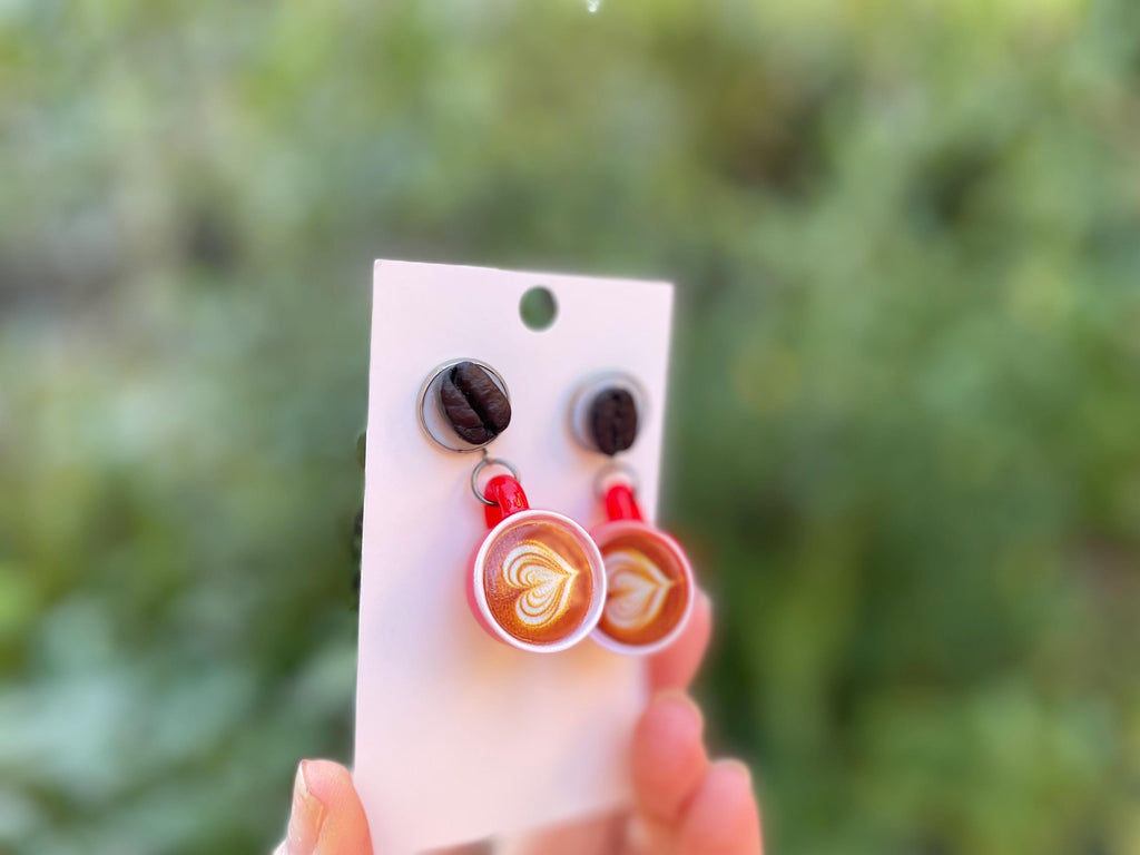 Handmade Real Coffee Bean Latte Cup Earrings: Whimsical Resin Food Jewelry