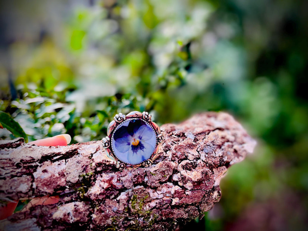 Silver Pansy Ring: Pressed Flower Cameo, February Birth Flower