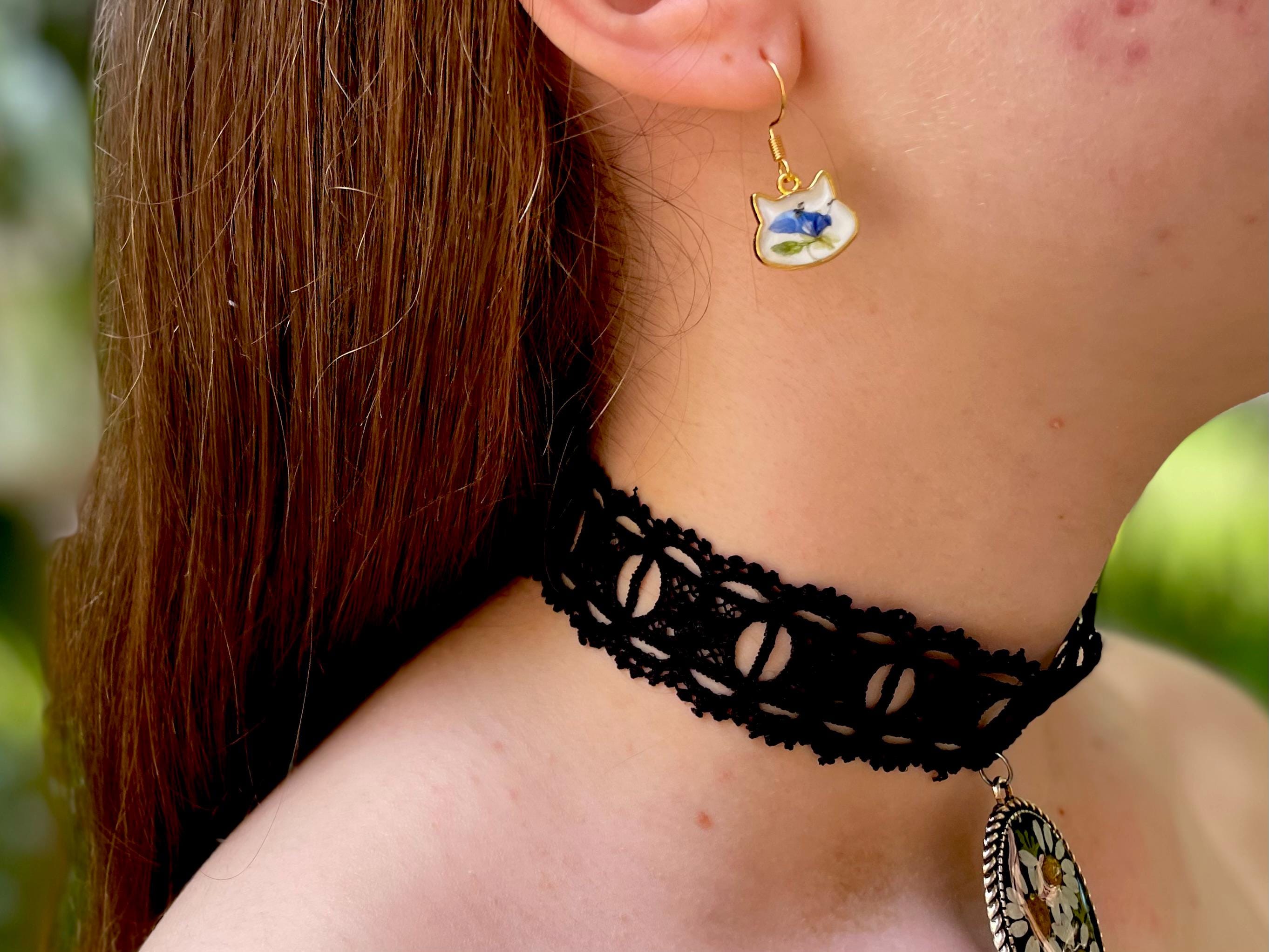Dainty Blue Flower Cat Earrings: 14K Gold Filled Vintage Porcelain Style Jewelry