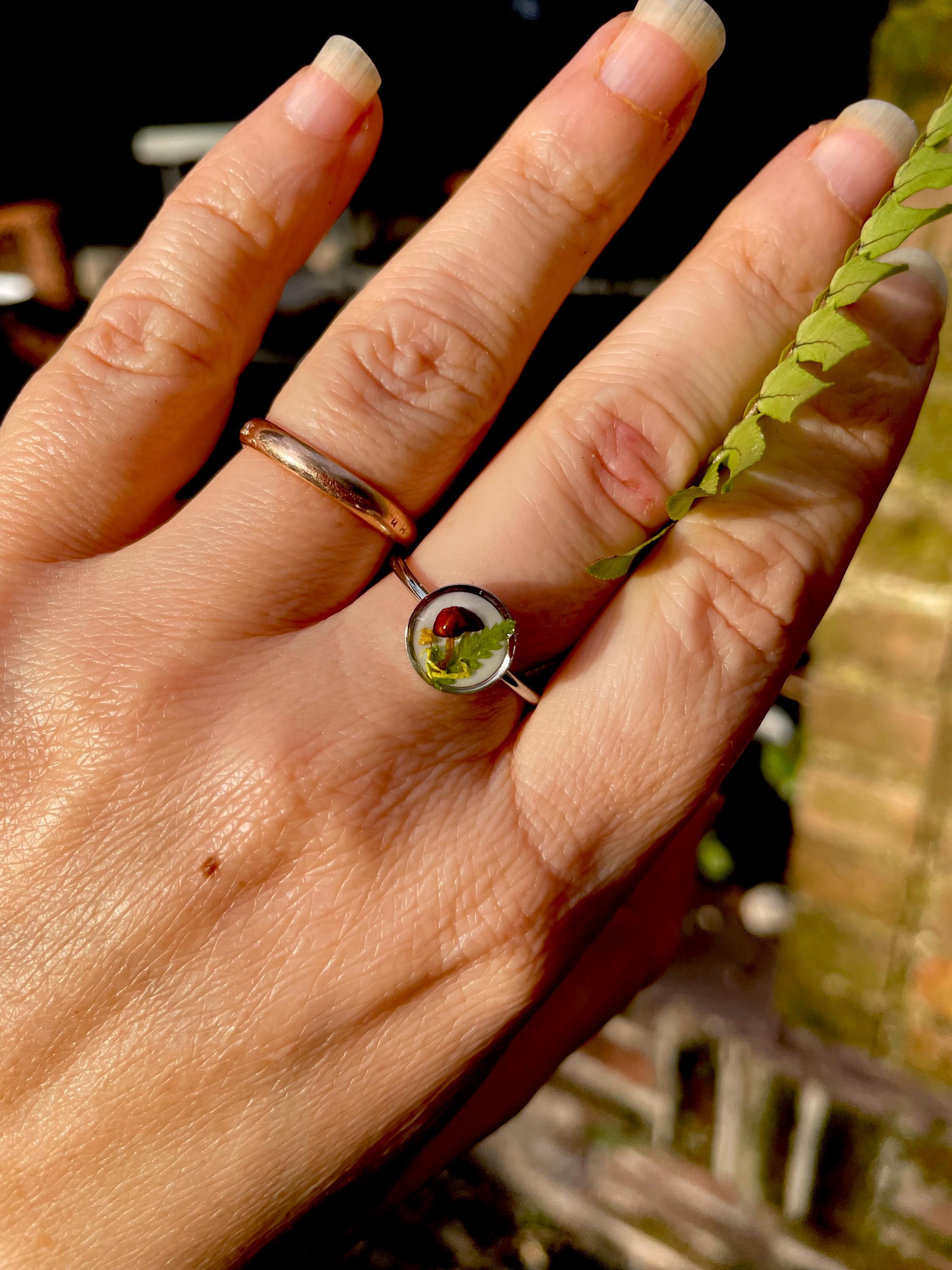 Real tiny mushroom dainty stainless steel adjustable Ring for Women: handmade nature jewelry