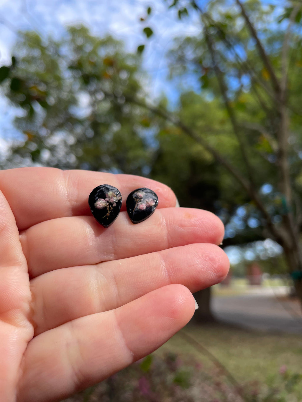 Dainty minimalist teardrop black pink flower resin earrings studs and necklace jewelry set unique holiday gift for best friend 21 birthday