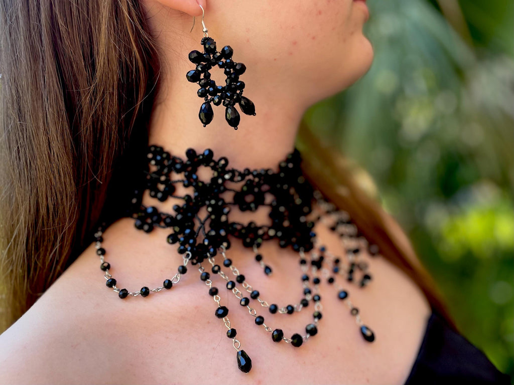 Big Black Special Occasion Statement Necklace Collar: Gothic Victorian Wedding Crystal Lace Choker