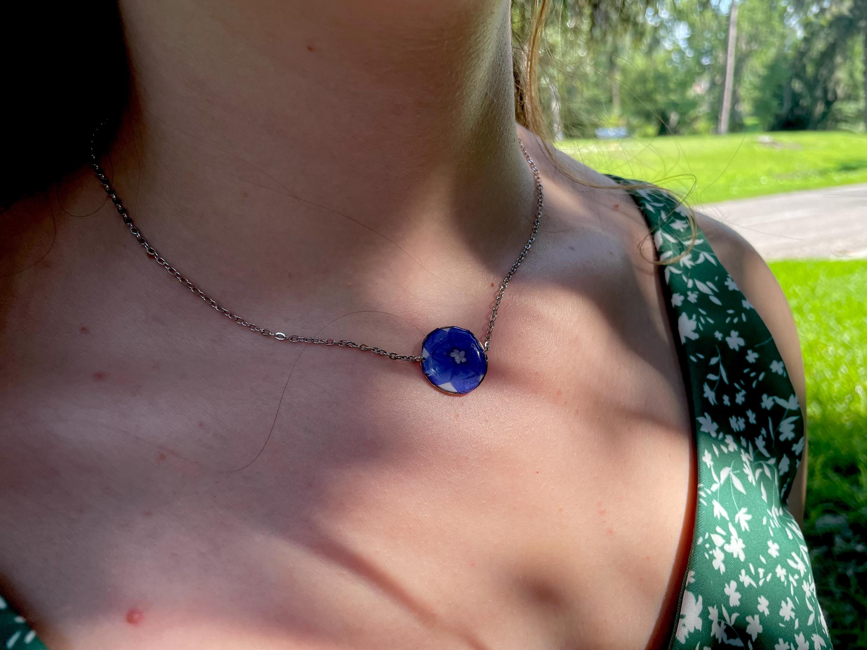 Dainty Forget-Me-Not Necklace: Real Flower Resin Jewelry, September Birth Month