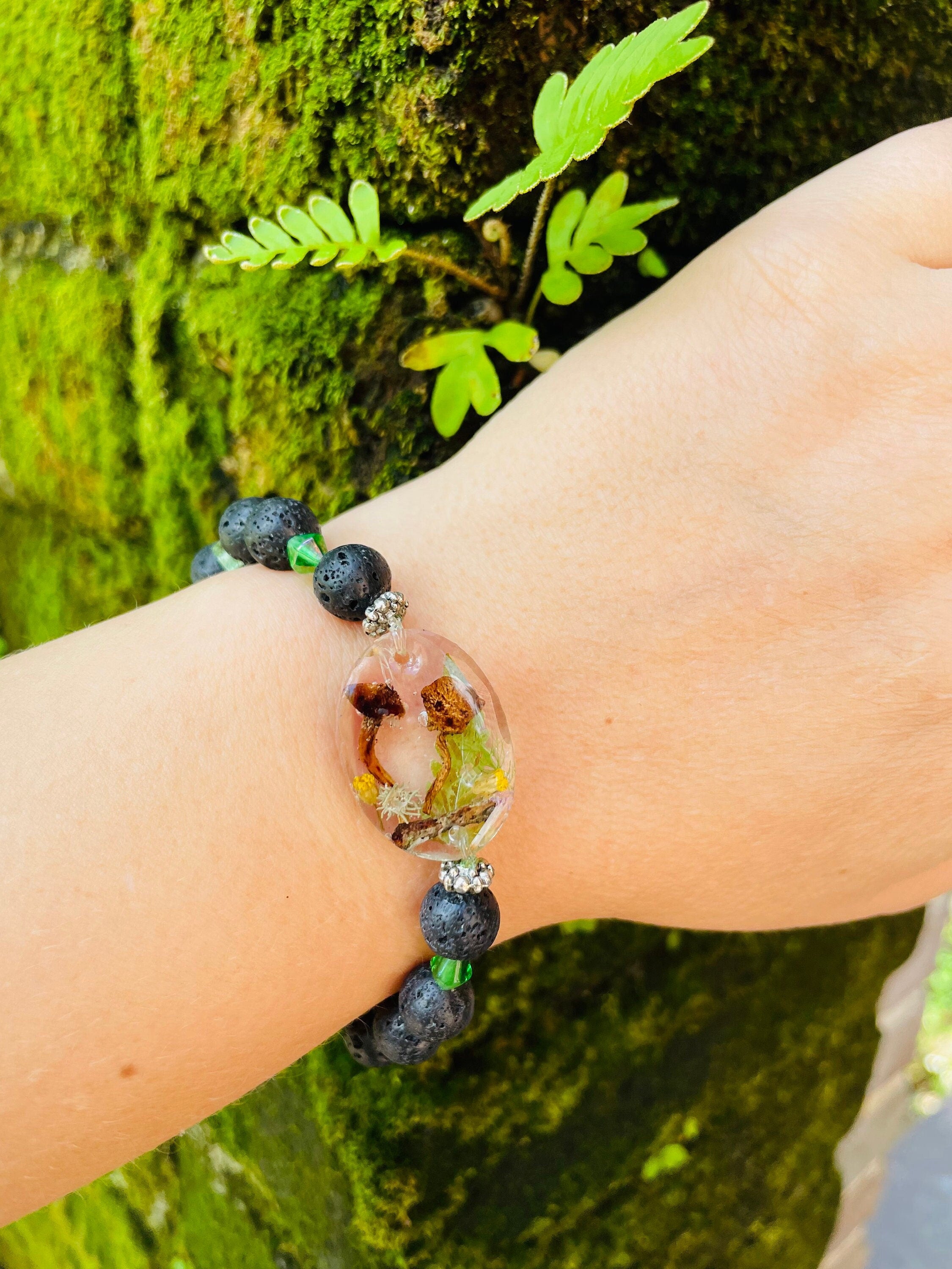 Mens Lava Stone Bracelet: Real Mushroom, Moss & Fern - Cottagecore Gift