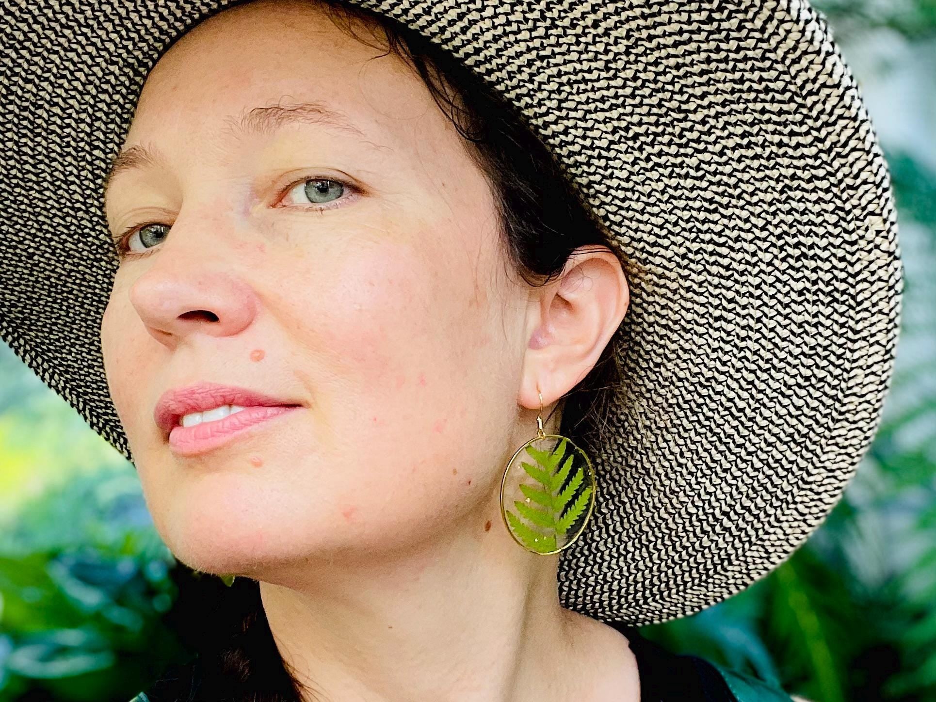 Real Fern Earrings: 14K Gold Boho Green Botanical Dangle Earrings