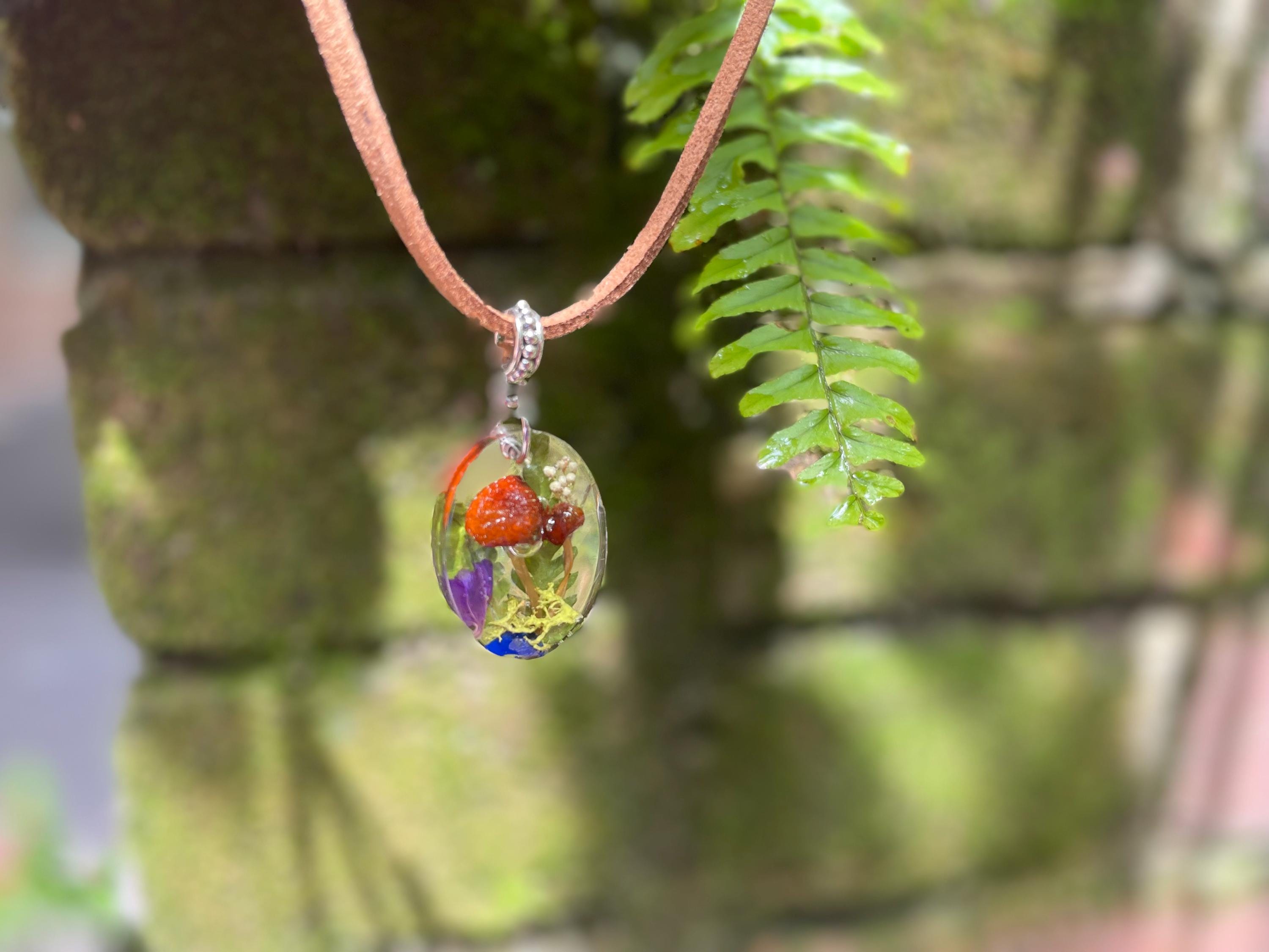 Personalized Birthstone Oval Mushroom Necklace: Wood Resin Terrarium Pendant for Men Silver Chain / Leather Cord