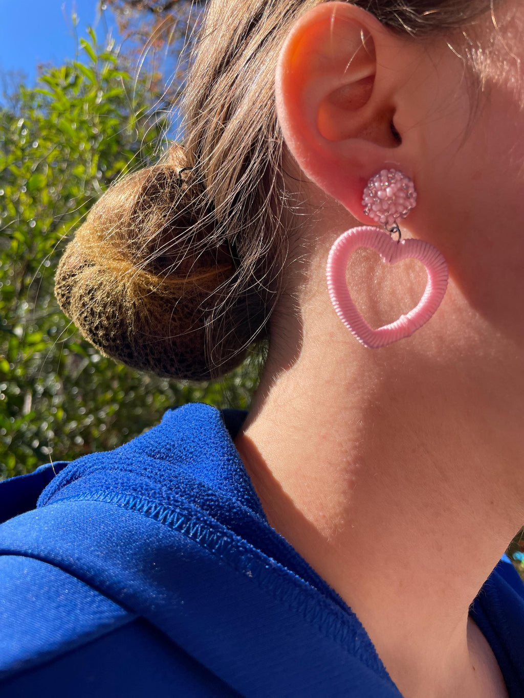 Statement Pink Heart Earrings: Beaded Titanium Studs or Clip-Ons