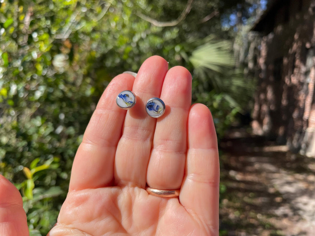 Tiny Pressed Blue Flower Earrings: Silver Resin Studs, Surgical Steel