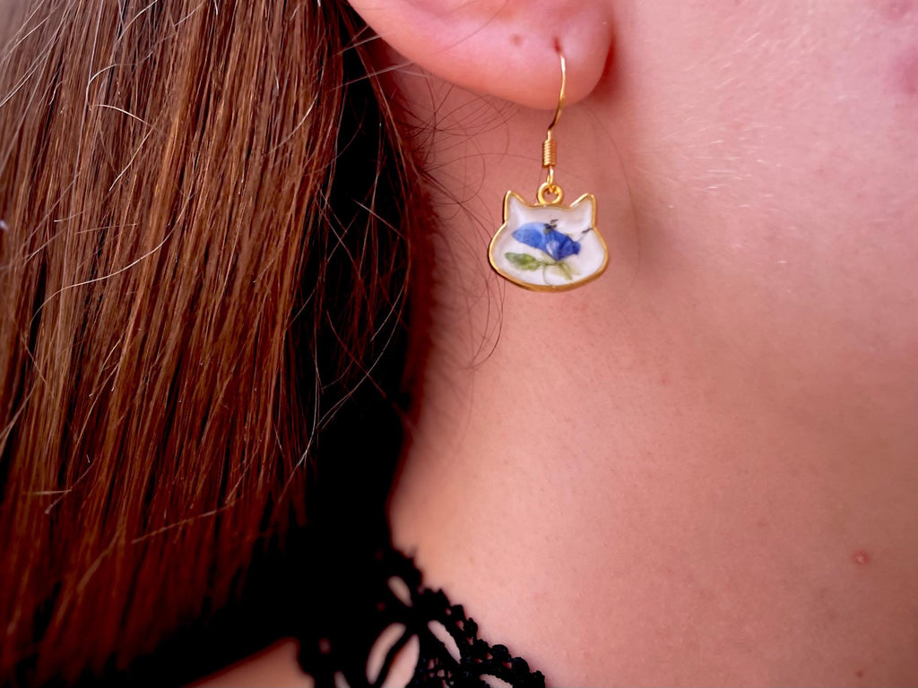 Dainty Blue Flower Cat Earrings: 14K Gold Filled Vintage Porcelain Style Jewelry