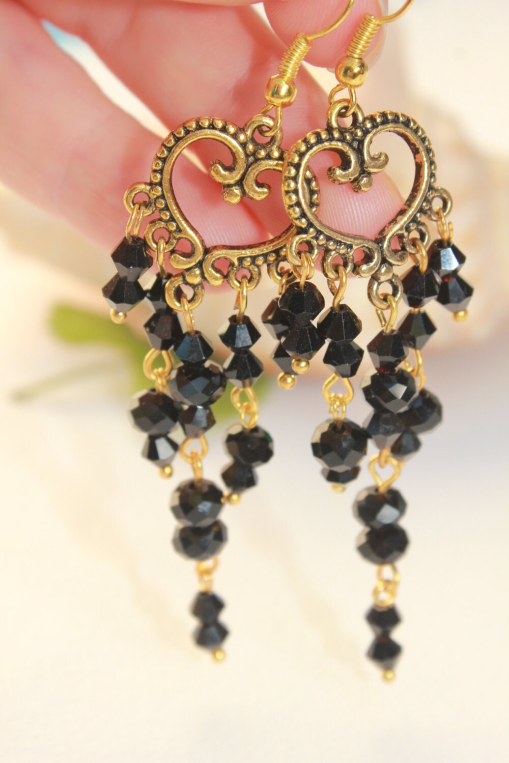 Mothers Day gift, Gold and black Heart earrings, long chandelier earrings, romantic gift for girlfriend wife, bohemian beaded earrings mom