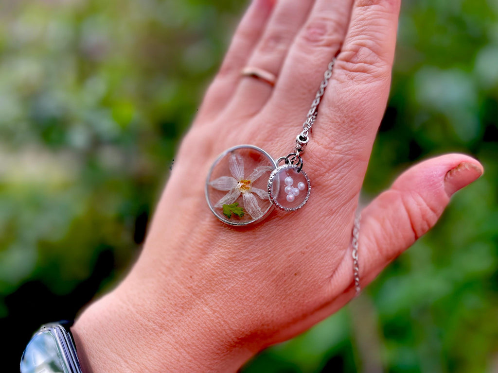 December Birth Flower Necklace: Handmade Narcissus, Personalized Initial, Pearl Resin Pendant