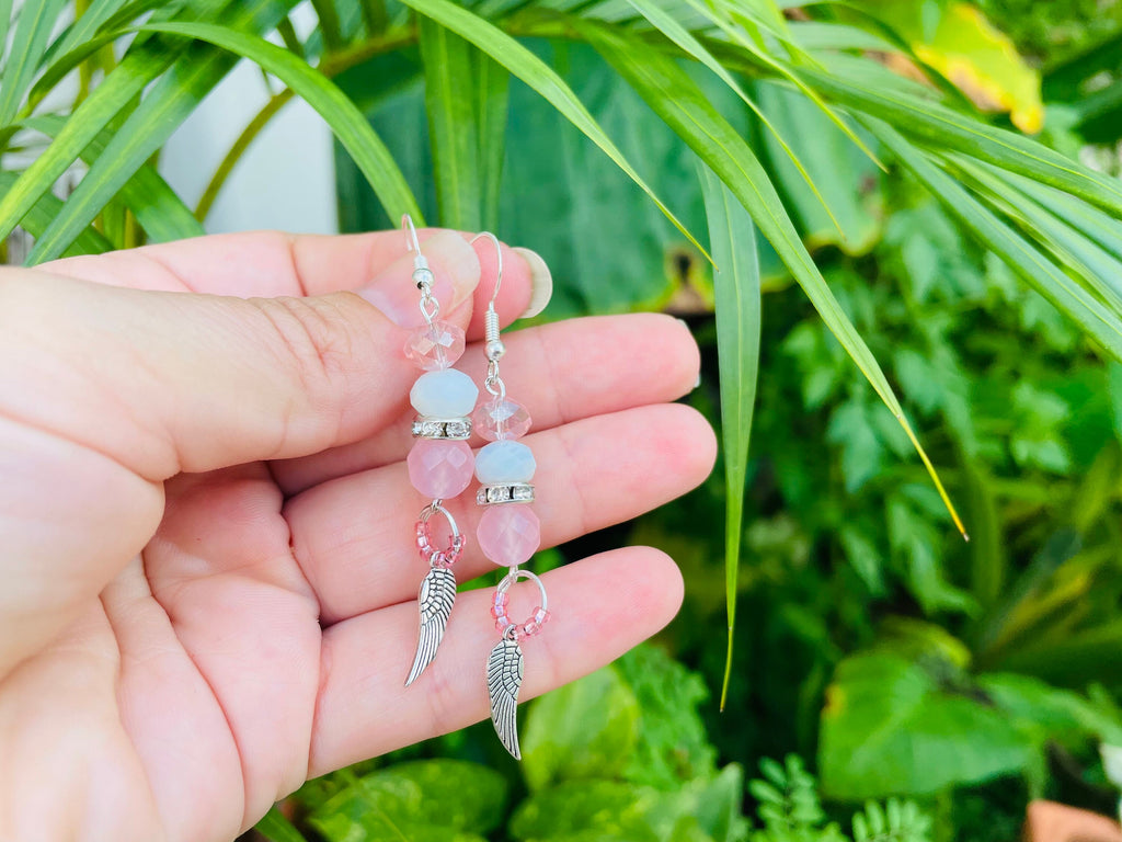 October Birthstone Rose Quartz Angel Wing Dangle Earrings: Pink Sterling Silver Bridal jewelry Libra gifts