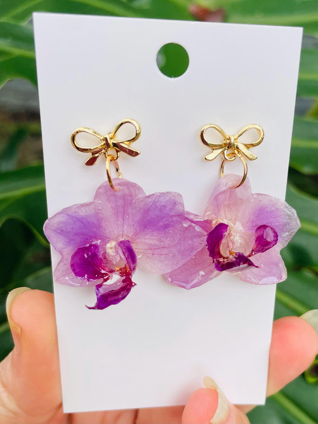 Real Orchid Earrings: Gold Bow Earrings Resin, Unique Purple Wedding Bridal Jewelry Galentine