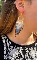 gold and denim blue bead Woven Geometrical Fringe Earrings, 14K Gold-Filled Earwires Handmade Unique Gift for Her best Friend Boho Jewelry