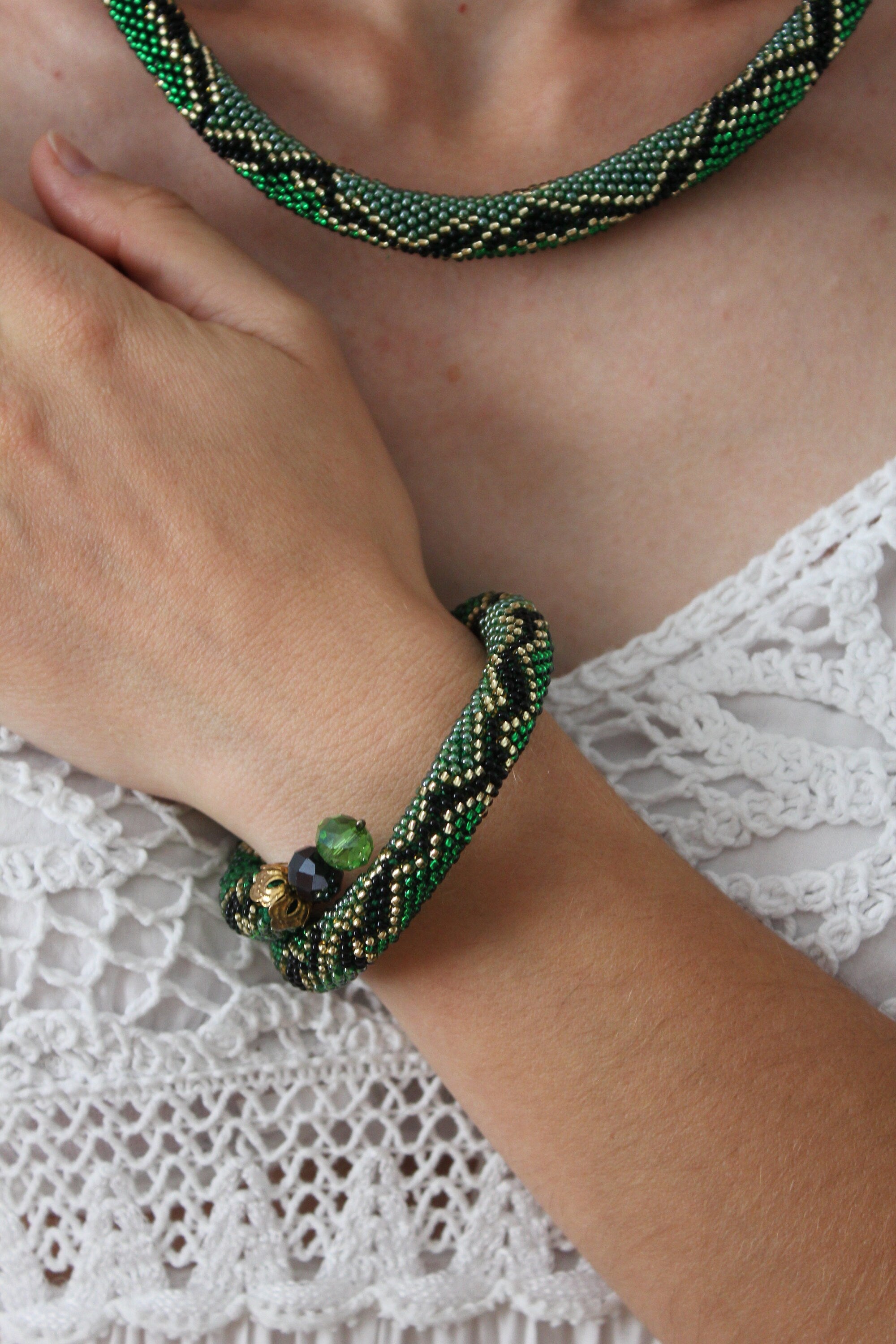 Beaded Snake Choker: Green Ouroboros Necklace, Wild Animal Jewelry