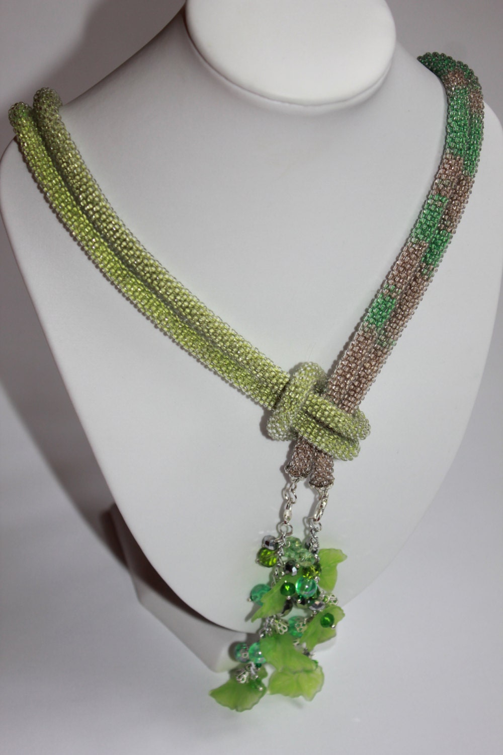 Layered Ombre Green and Silver Lariat Necklace for Women Extra Long: Tassel Seed Bead Crochet Jewelry