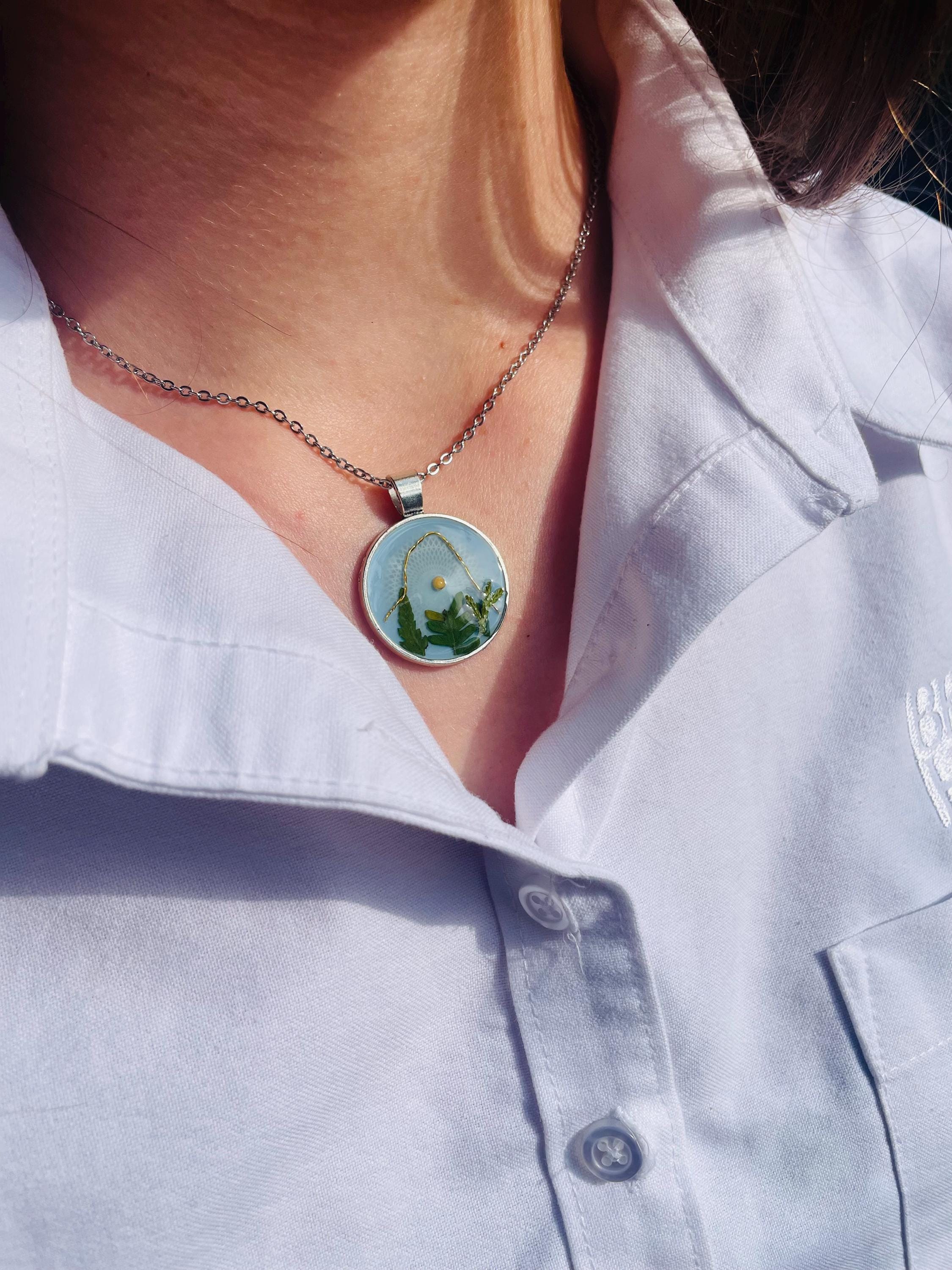 Mountains Fern Mustard Seeds Necklace: Sky Blue Faith Pendant