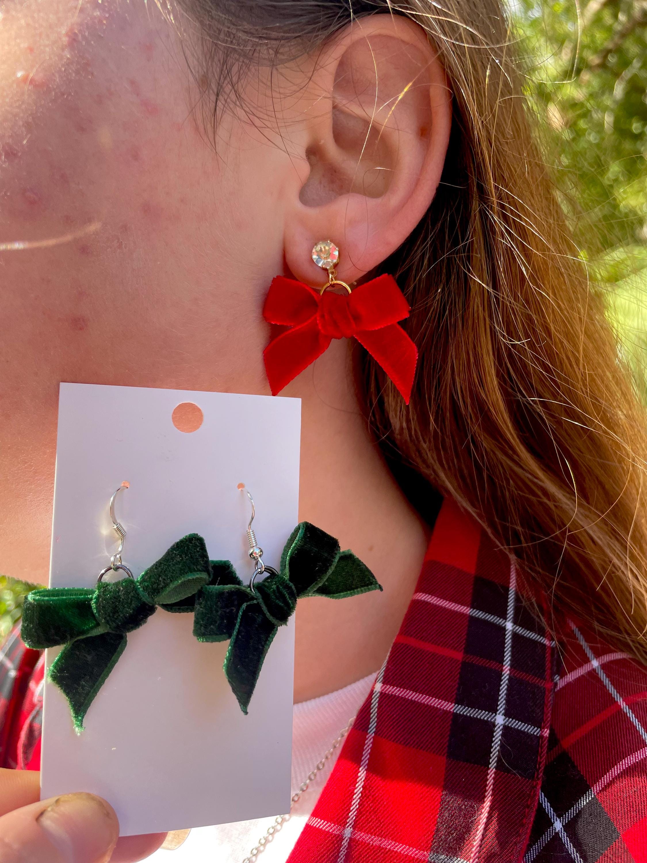 Red Velvet Bow Christmas Earrings: Handmade Holiday Jewelry