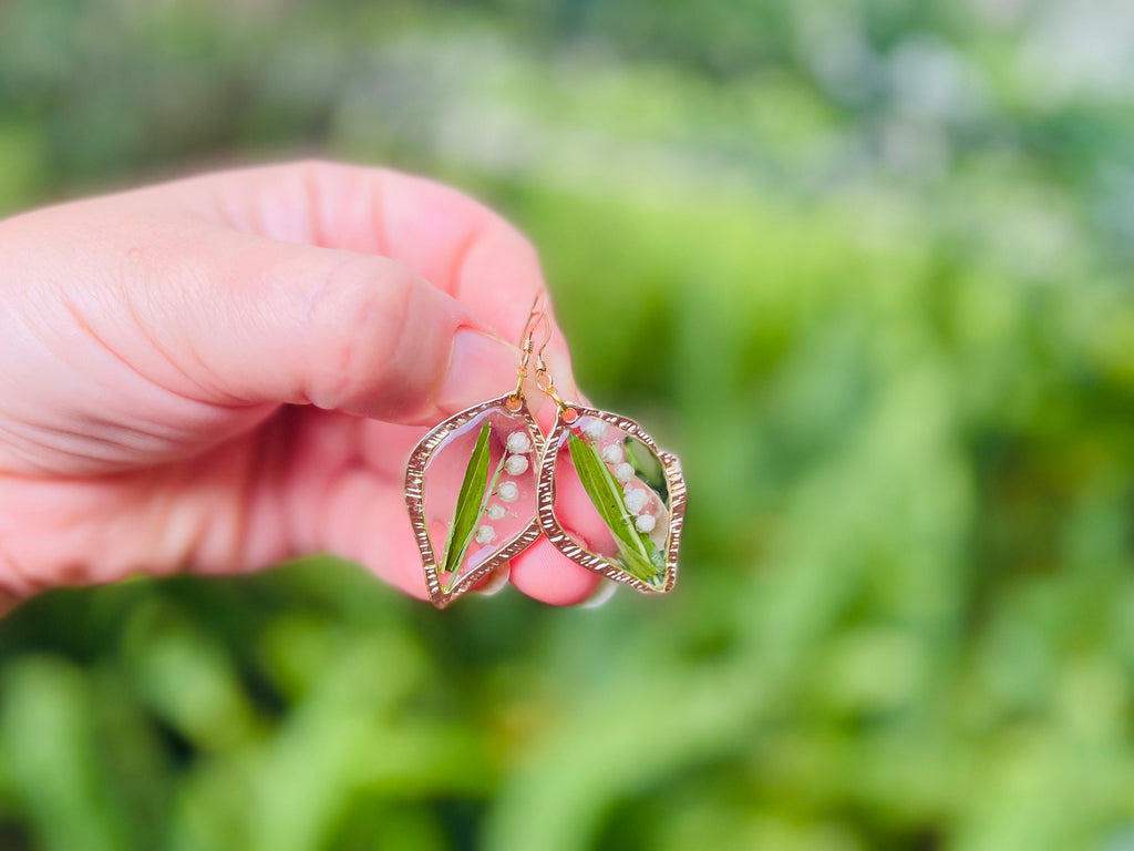 Lily of the Valley Earrings: Gold Teardrop Resin May Birth Flower