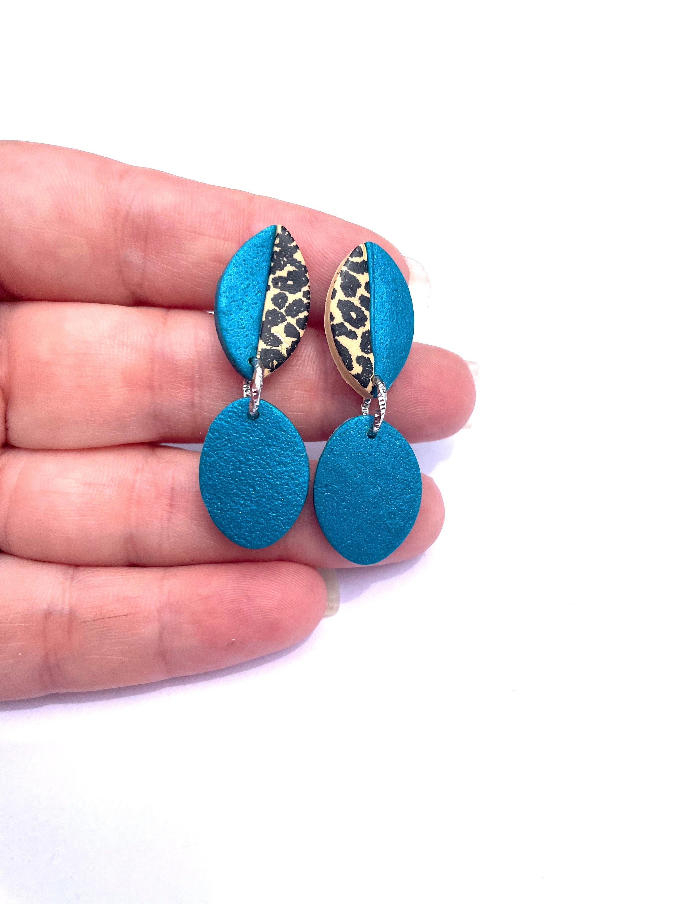 Patina blue and Leopard Drop Earrings stud Jacksonville Jaguars cheer mom Polymer Clay Earrings Thoughtful Gift Idea for Friends Girlfriend