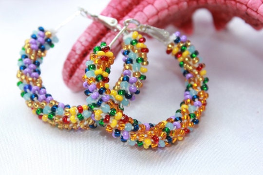 Beaded hoop earrings for her Turquoise emerald green brown hoop earrings 1.2inch native Americans seed bead earrings Beadwork jewelry Ethnic