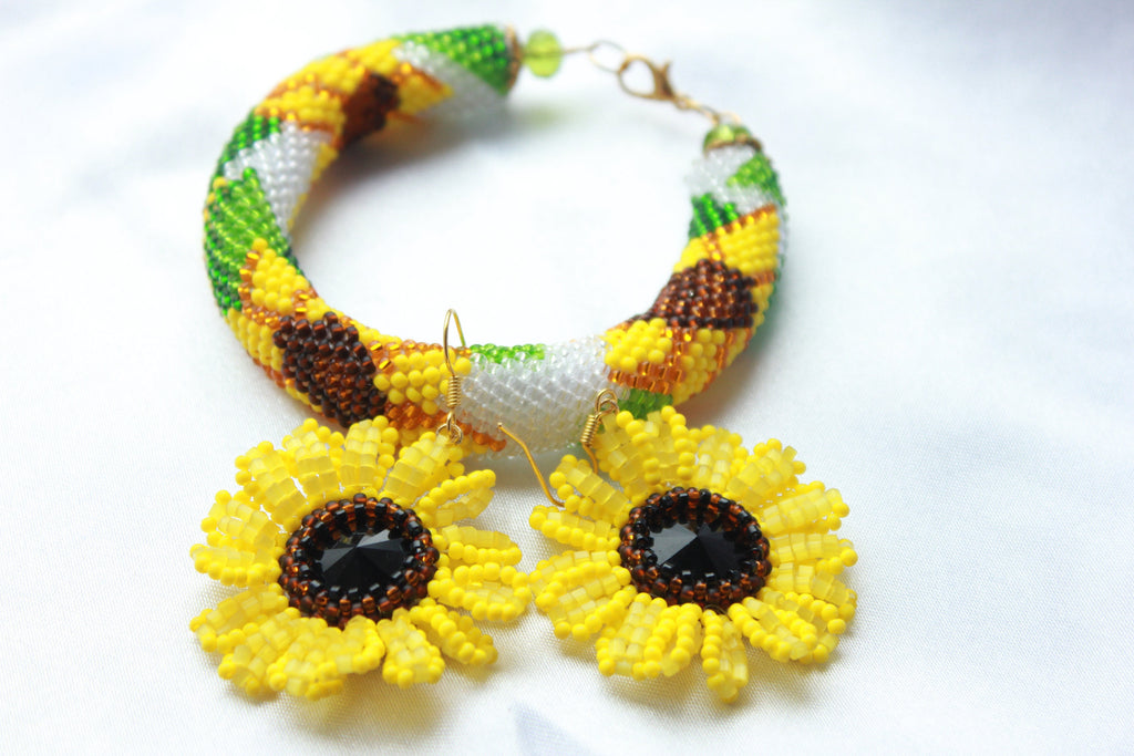 Unique Mothers day gift for her, Sunflower earrings dangle clip on stud, Ukrainian national flower beaded earrings handmade, Ukraine seller