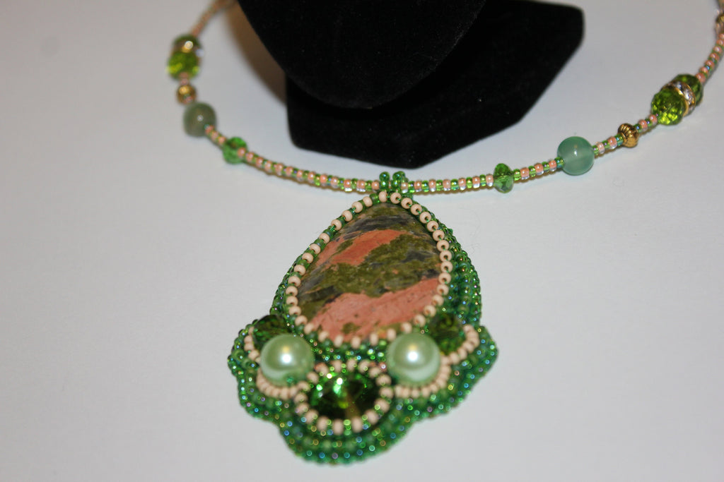 Unakite pendant crystal necklace unique, fertility crystal gift wife, beaded embroidered gemstone chakra jewelry for her, Mothers day gifts