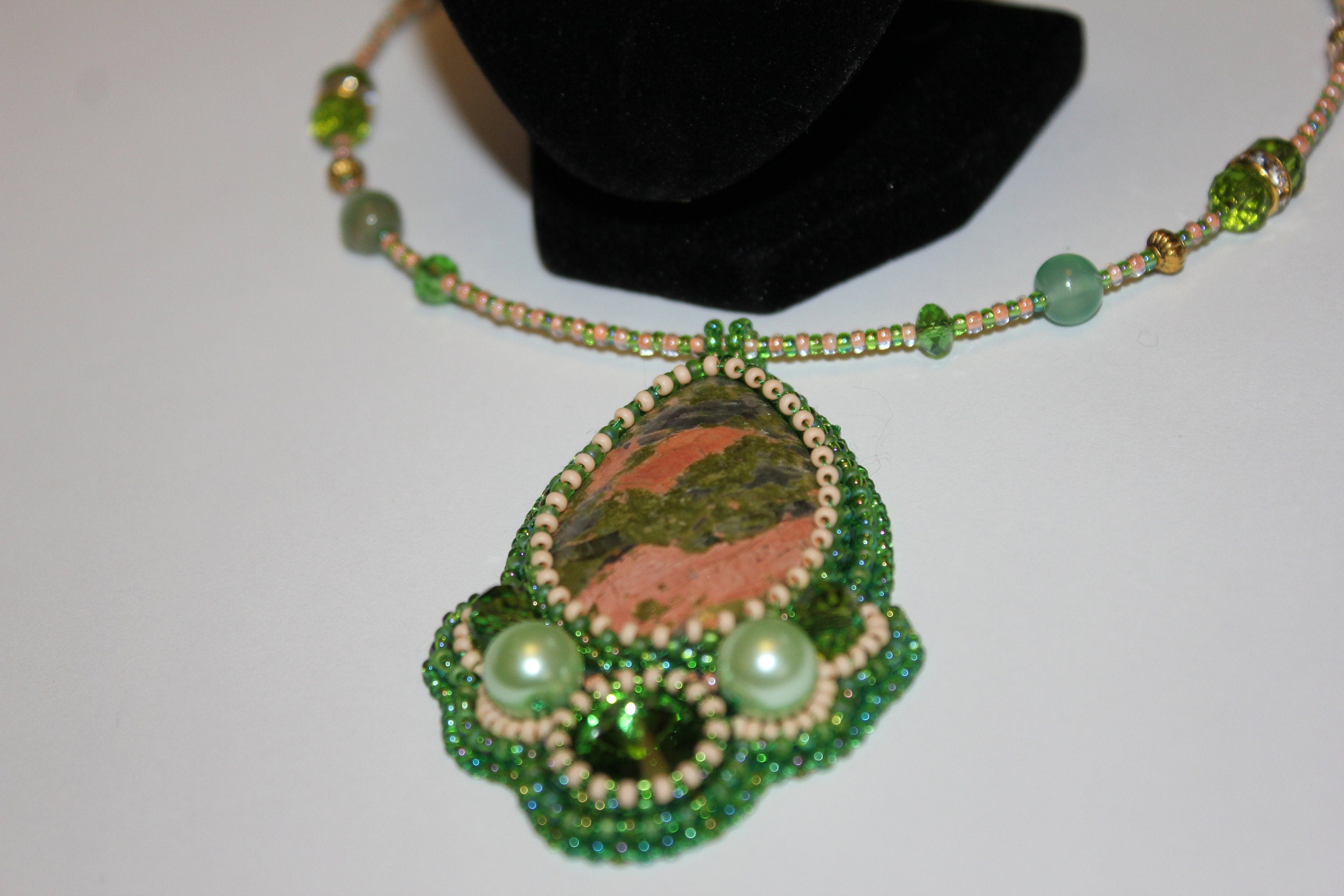 Unakite pendant crystal necklace unique, fertility crystal gift wife, beaded embroidered gemstone chakra jewelry for her, Mothers day gifts